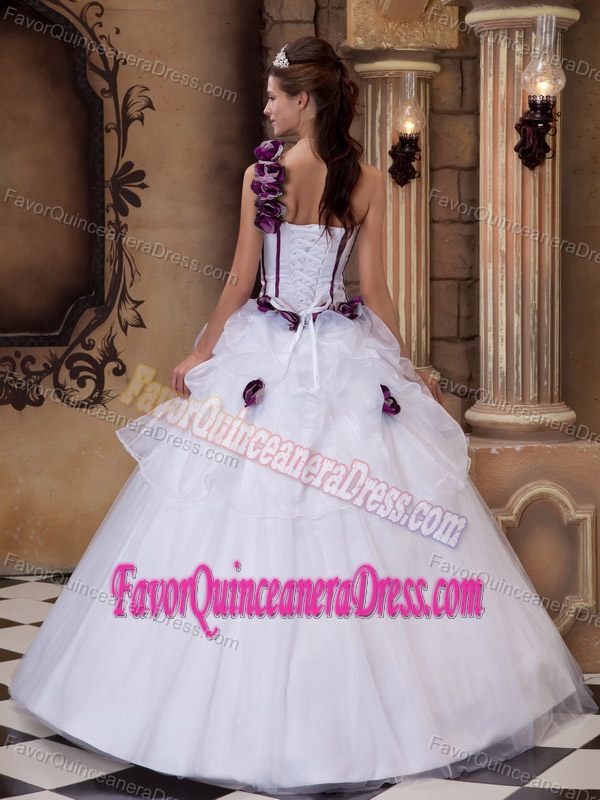 White One Shoulder Satin and Tulle Quince Dress with Hand Made Flowers
