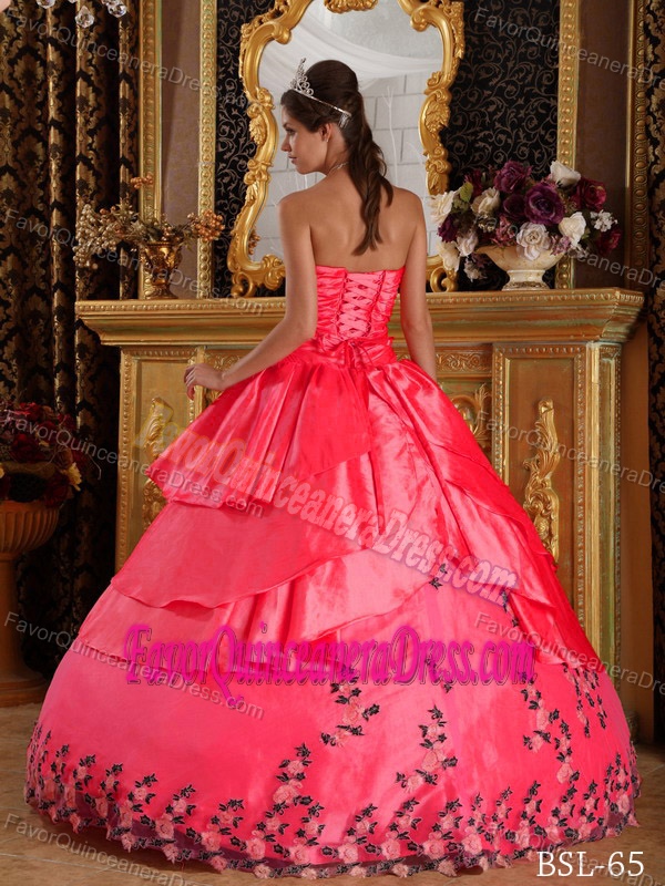 Dreamy Sweetheart Taffeta Appliqued Quinceanera Dresses in Coral Red