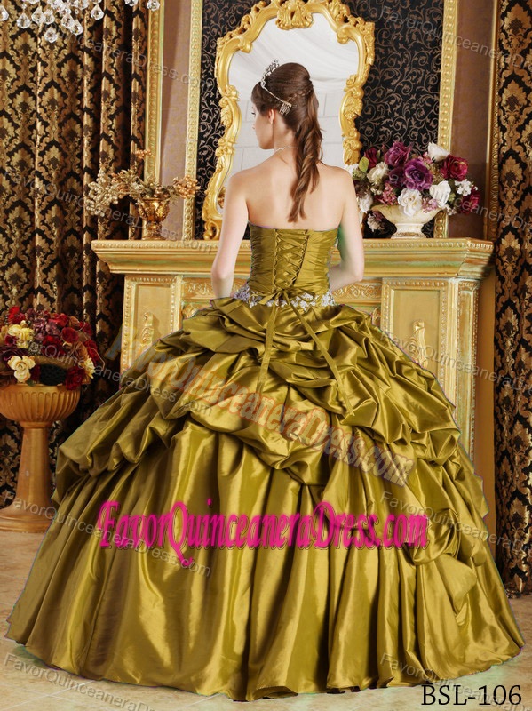 Affordable Strapless Taffeta Beaded Quinceanera Gown Dress in Gold