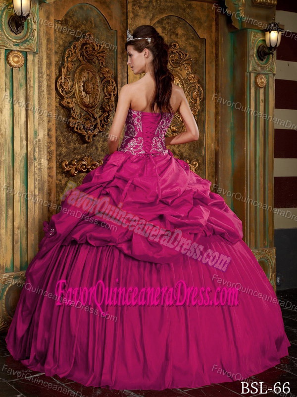 Coral Red Taffeta Beaded Appliqued Quinceanera Dress with Pick Ups