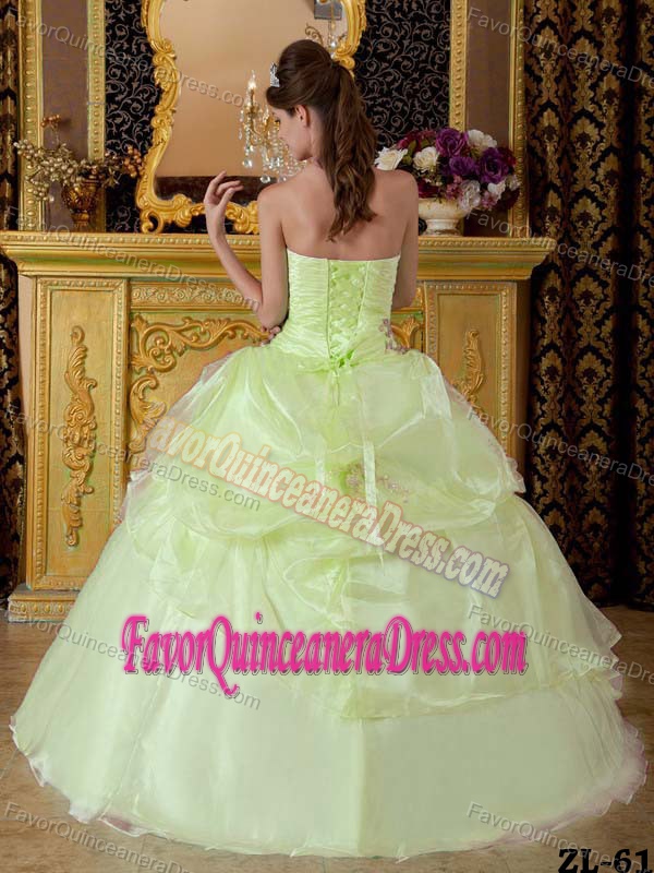 Strapless Organza Beaded Ruched Quinceanera Dress in Yellow Green