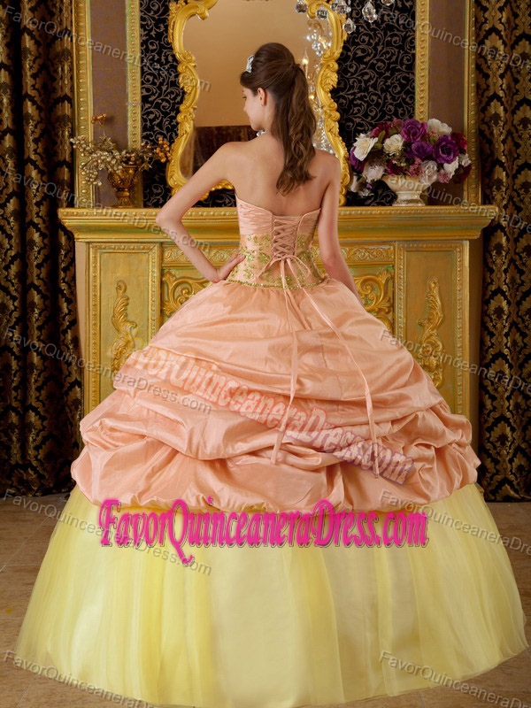 Pink and Yellow Strapless Taffeta and Tulle Quinceanera Dress with Beading