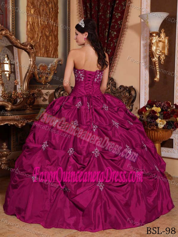 Fuchsia Strapless Taffeta Appliqued Quinceanera Gown with Pick Ups