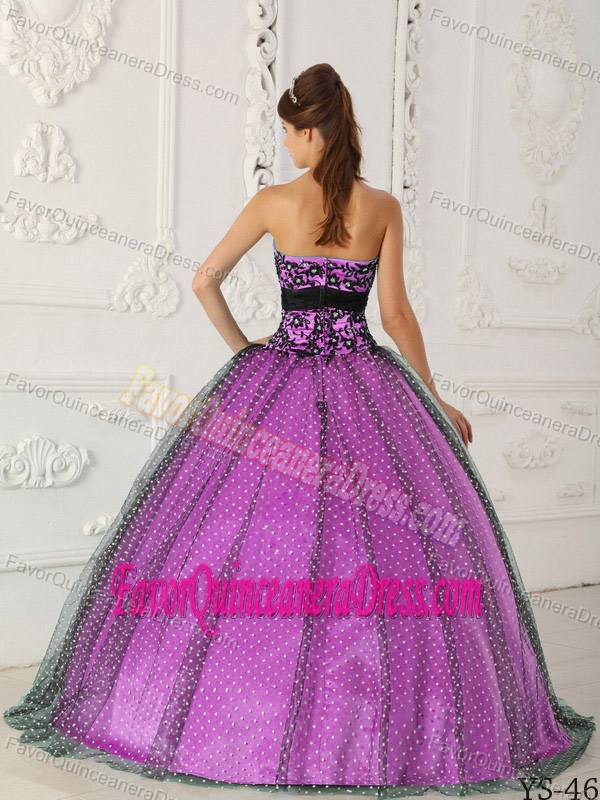 Strapless Taffeta and Tulle Appliqued Quince Dress in Black and Purple