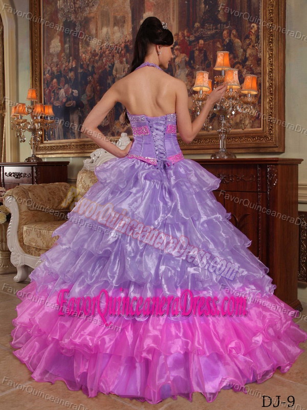 Ornate Lavender Halter Organza Quinceanera Gown Dress with Beading