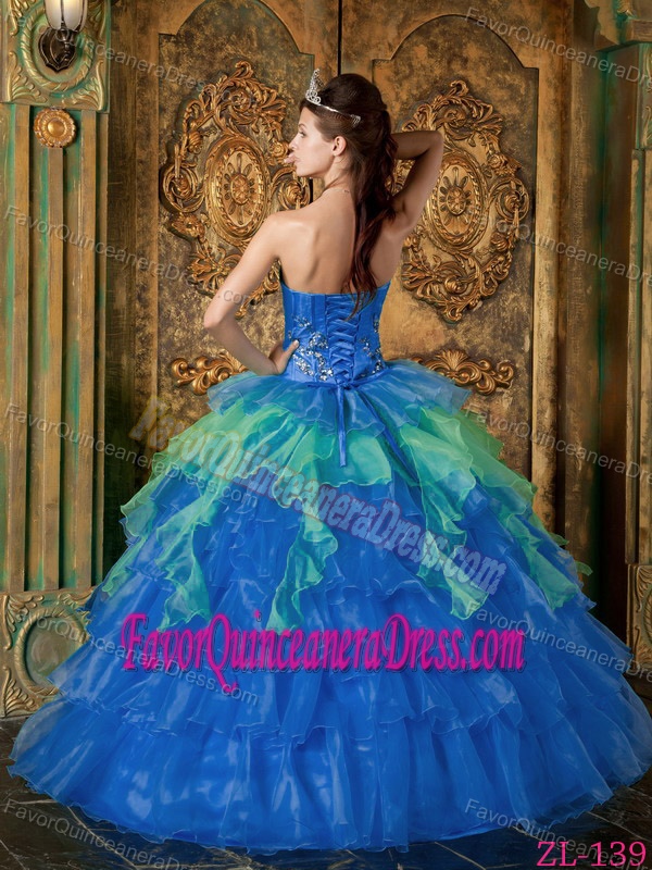 Discount Blue Strapless Organza Quinceanera Gown Dress with Ruffles