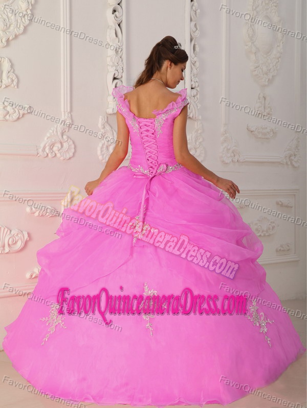 V-neck Taffeta and Organza Appliqued Quince Dress with Beading in Pink