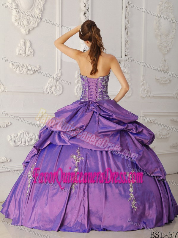 Purple Strapless Taffeta Embroidered Quinceanera Dress with Beading
