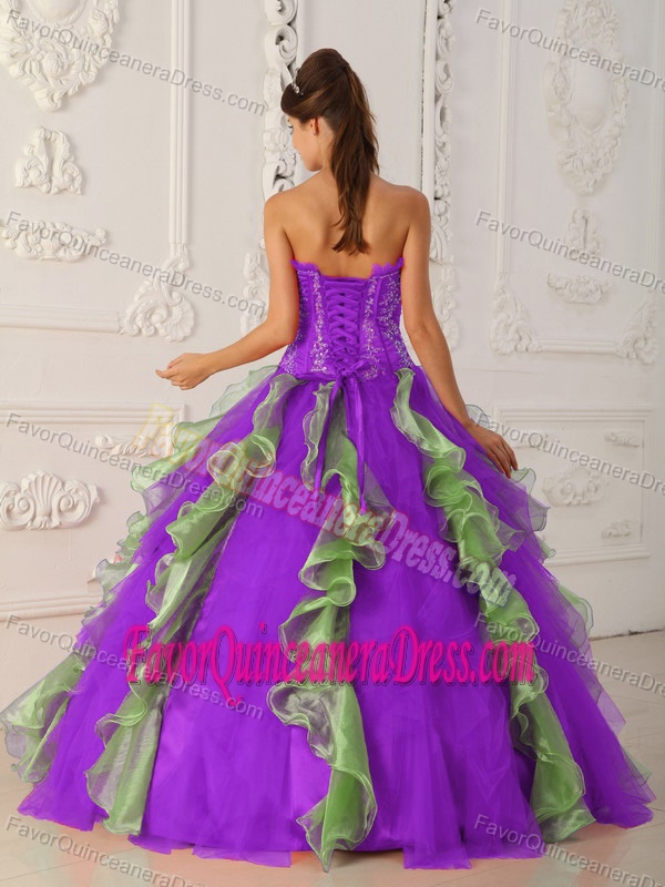 Ornate Strapless Ruffled Beaded Quinceanera Dress in Purple and Green