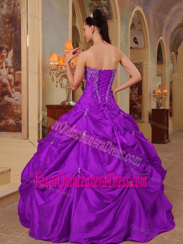 Angel Taffeta Beaded Embroidered Purple Quince Dress with Pick Ups