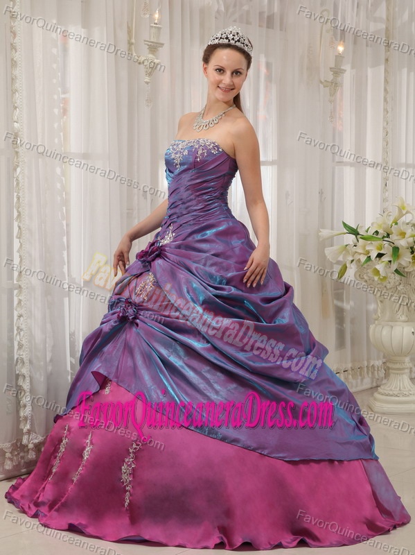 Purple Taffeta Appliqued Quinceanera Gown with Hand Made Flowers