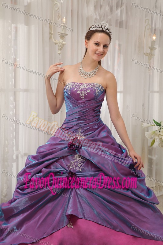 Purple Taffeta Appliqued Quinceanera Gown with Hand Made Flowers
