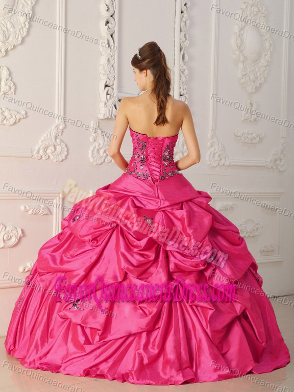 Coral Red Strapless Taffeta Appliqued Quinceanera Dress with Pick Ups