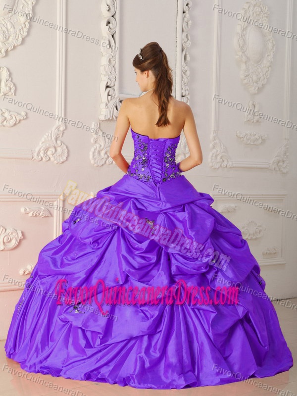 Stunning Strapless Taffeta Appliqued Quinceanera Gown Dress in Purple