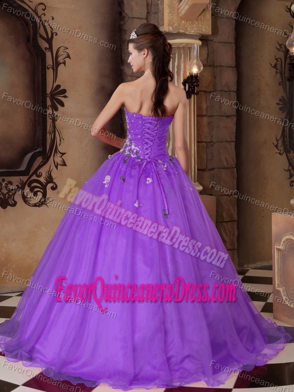 Purple Floor-length Organza Beaded Quinceanera Gown with Appliques