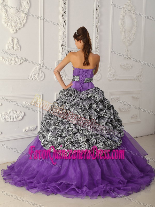 Purple Strapless Zebra and Organza Quinceanera Dress with Chapel Train