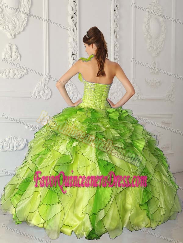 Yellow Green One Shoulder Satin and Organza Quince Dresses with Beading