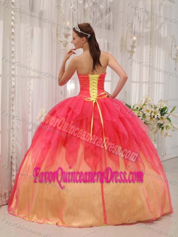 Graceful Watermelon Strapless Floor-length Quinceanera Dress in Organza