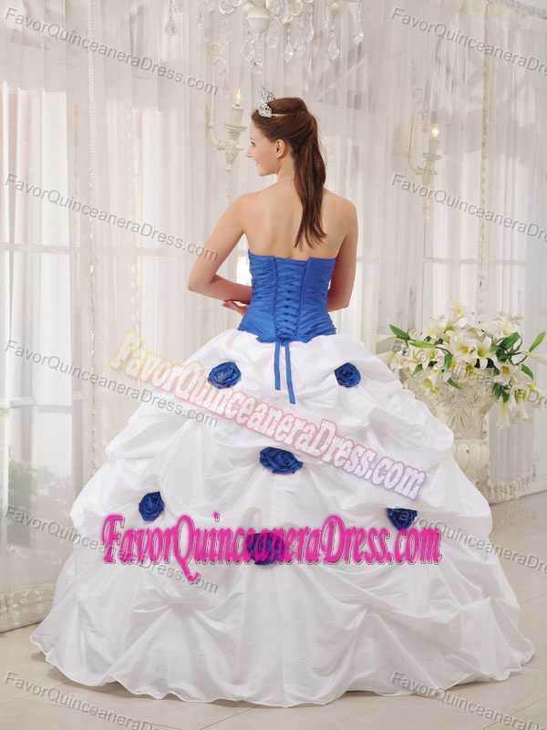 Blue and White Strapless Taffeta Quinceanera Gown Dress with Pick-ups