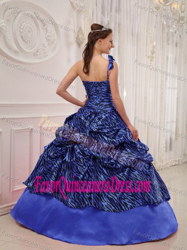 Unique Blue One Shoulder Floor-length Dress for Quinceanera in Leopard