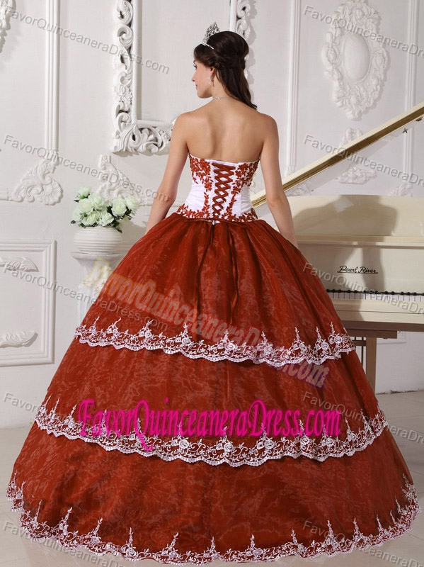 Appliqued Rust Red Strapless Floor-length Dresses for Quince in Organza