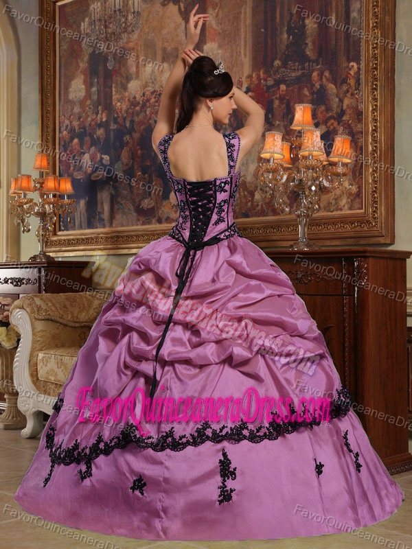 Appliqued Rose Pink Straps Taffeta Quinceanera Dresses in Floor-length