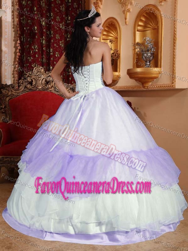Lilac and White Strapless Dresses for Quince in Organza with Embroidery