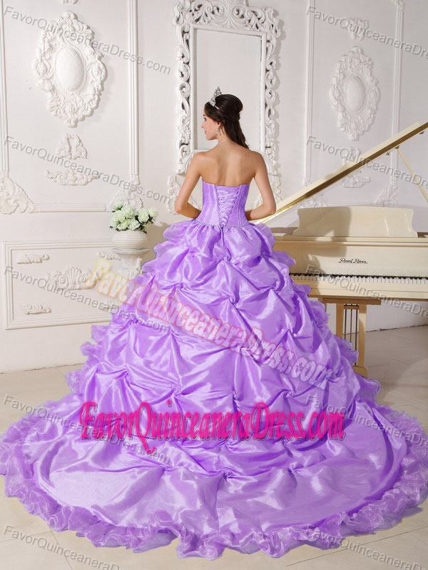 Ruffled Elegant Purple Strapless Chapel Train Quince Dresses in Taffeta