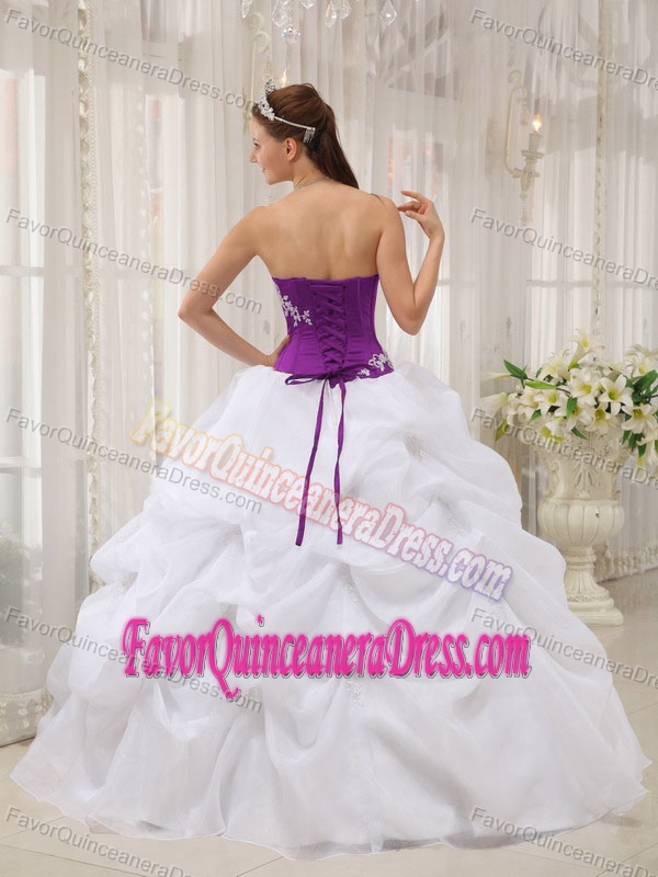 White and Purple Strapless Dresses for Quince with Pick-ups in Organza