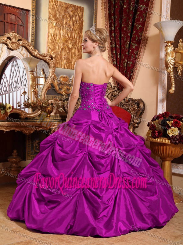 Unique Purple Strapless Floor-length Taffeta Quince Dress with Pick-ups