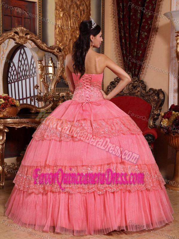 Strapless Floor-length Organza Watermelon Dress for Quince with Lace
