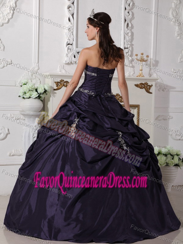 Dark Purple Strapless Floor-length Taffeta Quince Dresses with Pick-ups