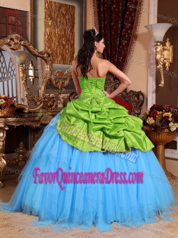 Spring Green and Blue Strapless Quinceanera Dress in Taffeta and Tulle