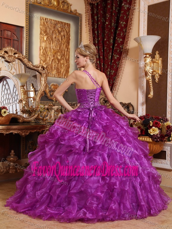 One Shoulder Floor-length Organza Purple Quince Dresses with Ruffles