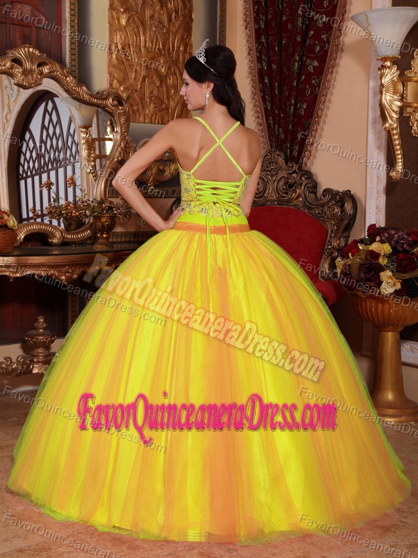 Sexy Yellow V-neck Floor-length Dress for Quince in Taffeta and Tulle
