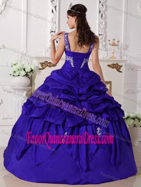 Appliqued Blue Scoop Floor-length Quinceanera Gown Dress in Taffeta
