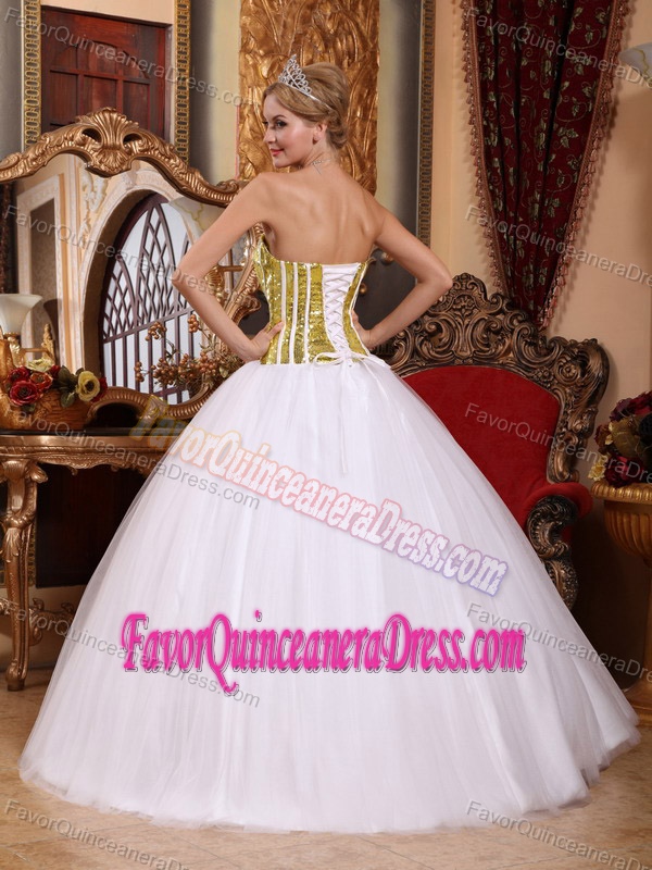 Tulle White Strapless Floor-length Sweet Sixteen Dresses with Sequins