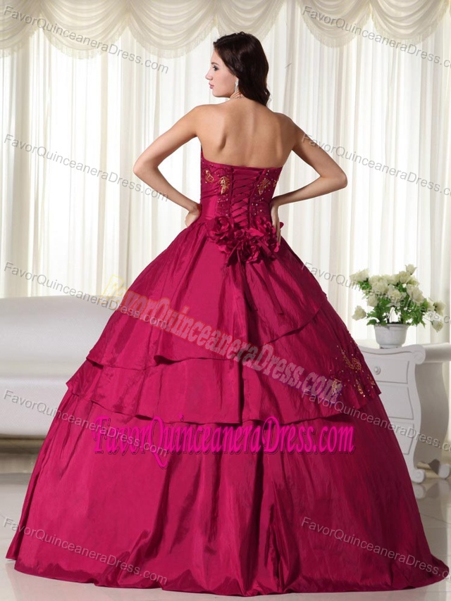 Wine Red Strapless Taffeta Quinceanera Gown Dresses with Embroidery