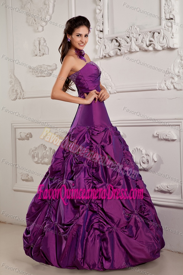 Purple Strapless Floor-length Taffeta Quinceanera Dress with Pick-ups