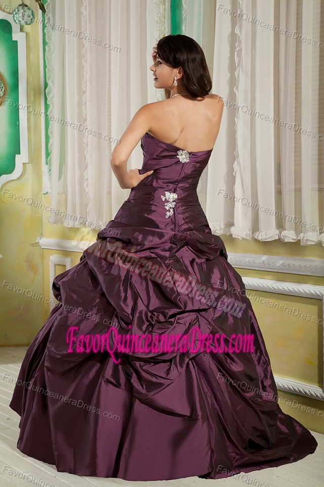 Dark Purple Strapless A-line Taffeta Dress for Quince with Appliques