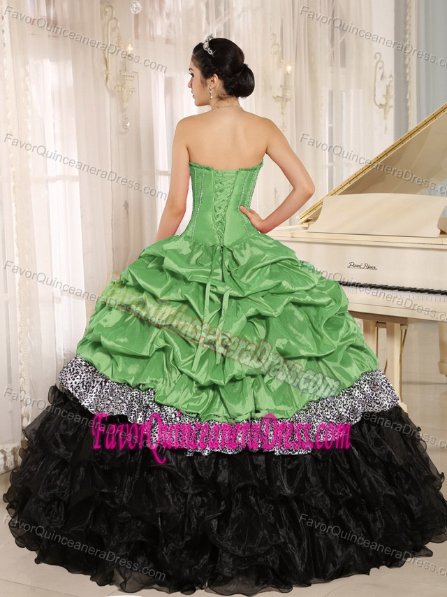 Green and Black Sweetheart Dress for Quince with Pick-ups in Taffeta