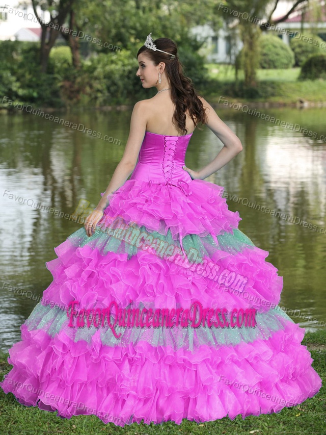 Taffeta and Organza Pink Strapless Quinceanera Dresses with Ruffles