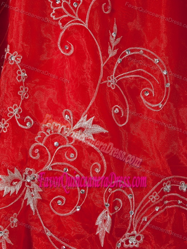 Red Shimmery Sweetheart Organza Beaded and Embroidery Dresses for Quince