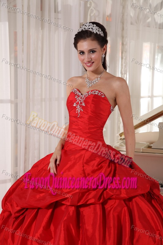 Maxi Red Sweetheart Floor-length Taffeta Beaded Dresses for Quinceanera
