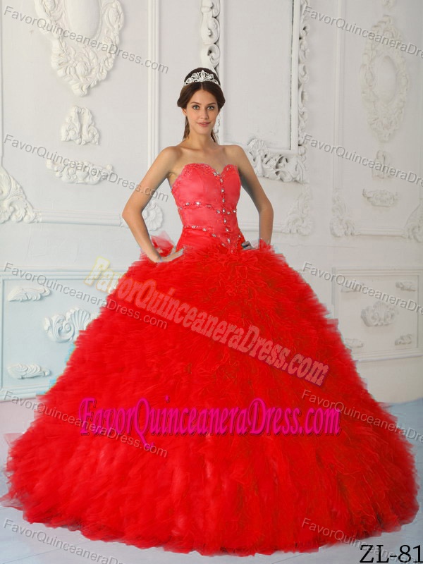Attractive Sweetheart Satin and Organza Beading Quinceanera Gown in Red