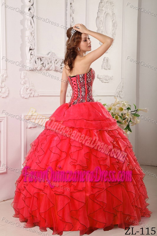 Surprising Red Ball Gown Sweetheart Organza Beaded Sweet Sixteen Dresses