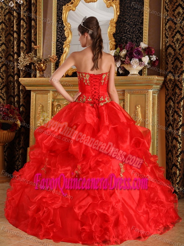High Quality Red Strapless Organza Quinceanera Gown Dresses with Appliques