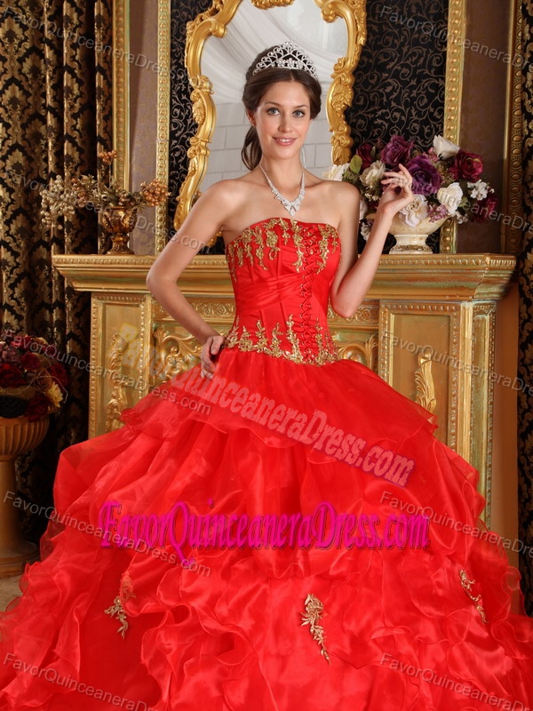 High Quality Red Strapless Organza Quinceanera Gown Dresses with Appliques