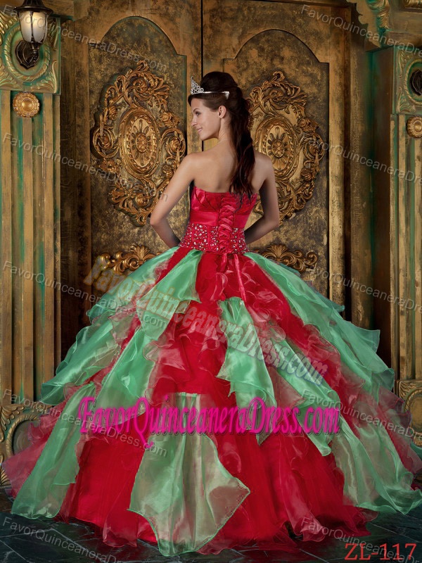 Elegant Strapless Floor-length Organza Beaded Quinceanera Dresses in Red