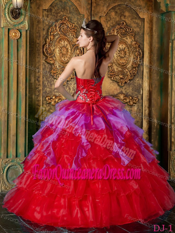 Red Noble Strapless Floor-length Organza Quinceanera Dresses with Ruffles